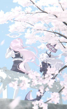 2girls absurdres against_railing ahoge black_horns black_skirt blue_archive blue_sky boots cherry_blossoms closed_eyes commentary day demon_girl demon_horns demon_wings floating_hair from_behind from_below guard_rail halo highres hina_(blue_archive) horns hoshino_(blue_archive) jacket long_hair low_wings mira_k multiple_girls multiple_horns open_mouth outdoors pink_hair pink_halo purple_boots purple_halo purple_jacket purple_wings railing shirt skirt sky smile tree very_long_hair white_hair white_shirt wings
