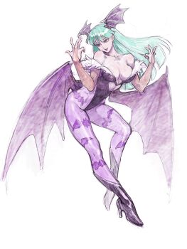 1girl absurdres animal_print bare_shoulders bat_print bat_wings breasts bridal_gauntlets cleavage clothing_cutout commentary_request darkstalkers demon_girl fur-trimmed_leotard fur_trim green_eyes green_hair head_wings heart_cutout high_heels highleg highleg_leotard highres iwamoto_tatsurou large_breasts leotard long_hair morrigan_aensland off-shoulder_leotard pantyhose print_pantyhose purple_pantyhose smile solo wings
