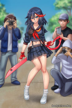 1girl 3boys :d arm_at_side bare_arms bare_legs baseball_cap black_eyes black_hair black_sailor_collar black_shirt black_shoes black_skirt blue_eyes blue_jacket blue_shoes blue_sky blurry blurry_background blush breasts brown_hair camera closed_mouth collarbone crossed_bangs day double-parted_bangs fingerless_gloves fingernails full_body gloves grey_hat grey_pants grin hair_between_eyes hair_flaps hashtag-only_commentary hat highres holding holding_camera holding_knife holding_phone jacket kill_la_kill knees_together_feet_apart knife lips long_sleeves looking_at_another looking_at_viewer matoi_ryuuko medium_breasts medium_hair midriff miniskirt multicolored_hair multiple_boys navel neckerchief on_one_knee open_clothes open_jacket open_mouth outdoors pants phone pleated_skirt puffy_sleeves racoon-kun red_gloves red_hair red_neckerchief sailor_collar school_uniform shirt shoes short_hair short_sleeves skirt sky smile solo_focus standing streaked_hair suspender_skirt suspenders t-shirt three-quarter_sleeves tree two-tone_hair v-shaped_eyebrows very_short_hair watermark web_address white_shirt white_shoes