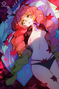 1girl artist_logo artist_name breasts commentary_request cowboy_shot falling_leaves grandia_lee green_eyes green_hair highres holding holding_sword holding_weapon kanroji_mitsuri kimetsu_no_yaiba leaf logo long_hair maple_leaf parted_lips pink_hair small_breasts solo sword very_long_hair weapon