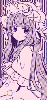 Rule 34 | 1girl, :<, capelet, closed mouth, commentary request, crescent, crescent hat ornament, dress, frilled capelet, frills, hat, hat ornament, highres, long hair, mob cap, monochrome, mozukuzu (manukedori), patchouli knowledge, pink eyes, pink theme, solo, star (symbol), touhou, very long hair