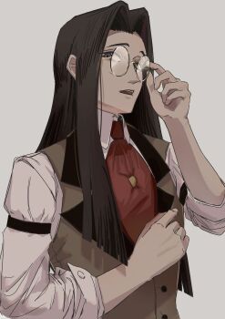 1boy adjusting_eyewear brown_hair brown_vest glasses grey_background grey_eyes hair_intakes hand_up hazbin_hotel hellaverse highres leon_3848 long_hair looking_at_viewer male_focus round_eyewear simple_background sir_pentious sir_pentious_(human) solo upper_body vest