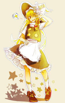 Rule 34 | 1girl, apron, bigreen, black hat, black skirt, black vest, blonde hair, boots, bow, braid, chinese commentary, commentary request, frilled skirt, frills, full body, hair bow, hat, hat bow, highres, kirisame marisa, long hair, one eye closed, open mouth, red boots, side braid, single braid, skirt, smile, socks, solo, star (symbol), touhou, vest, waist apron, white apron, white bow, white socks, witch hat, yellow eyes