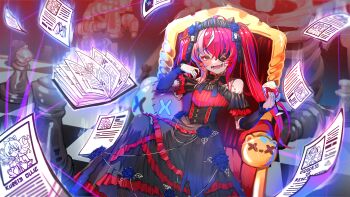 1girl :d absurdres ahoge bare_shoulders black_dress black_headdress book brooch character_name chess_piece chessboard commentary cup cupping_glass dress drinking_glass english_commentary eyepatch fangs fingernails flat_chest floating floating_book floating_object frilled_dress frills highres hololive hololive_indonesia jewelry kghazir kureiji_ollie kureiji_ollie_(scarlet_moonlight_embrace) long_fingernails long_hair looking_at_viewer multicolored_hair nail_polish off-shoulder_dress off_shoulder official_alternate_costume one_eye_covered open_mouth red_hair red_nails ribs sitting skeleton smile solo stitched_face stitches stuffed_toy throne twintails udin_(kureiji_ollie) virtual_youtuber white_hair wine_glass x_x