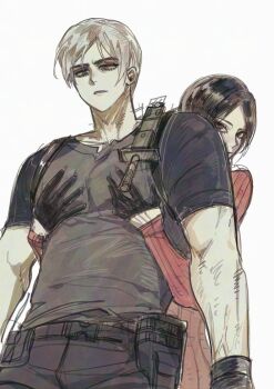 1boy 1girl ada_wong belt black_gloves black_hair black_pants black_shirt blonde_hair dress gloves half_gloves hands_on_another's_chest hetero highres knife leon_s._kennedy long_sleeves muscular muscular_male nul pants parted_bangs parted_lips red_dress resident_evil resident_evil_4 shirt short_sleeves sleeves_past_wrists tight_clothes tight_shirt utility_belt white_background