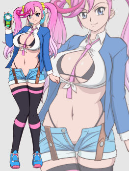 1girl alternate_breast_size between_breasts bikini bikini_under_clothes blue_eyes breasts coat curvy digimon digimon_universe:_appli_monsters female_focus highres karan_eri large_breasts lento_(glamour_works) long_hair navel necktie pink_hair shorts solo swimsuit thong thong_bikini twintails very_long_hair
