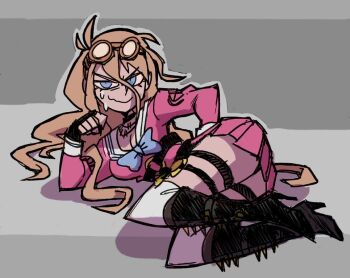 1girl antenna_hair black_boots blonde_hair blue_bow boots bow closed_mouth collared_shirt colorized commentary danganronpa_(series) danganronpa_v3:_killing_harmony english_commentary full_body goggles goggles_on_head hair_between_eyes high_heel_boots high_heels iruma_miu long_hair lying nervous_smile nervous_sweating on_side pink_serafuku pink_shirt pink_skirt royalfrigate sailor_collar school_uniform serafuku shirt skirt smile socks solo sweat third-party_source vanripper wavy_mouth white_sailor_collar white_socks