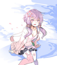 1girl absurdres ajishio animal_ears animal_print asymmetrical_legwear black_skirt bracelet breasts cherry_blossoms commentary falling_petals flower hair_flower hair_ornament highres jacket jewelry looking_at_viewer miniskirt mismatched_legwear open_mouth petals pink_jacket pink_legwear pink_shirt pleated_skirt purple_eyes purple_hair purple_legwear rabbit_ears rabbit_print shirt short_hair_with_long_locks sidelocks sitting sketch skirt small_breasts smile solo vocaloid voiceroid white_legwear yuzuki_yukari yuzuki_yukari_(onn)
