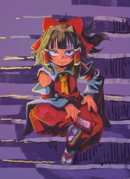 1girl :| absurdres adapted_costume ascot black_eyes black_hair bow closed_mouth commentary_request detached_sleeves floating_hair full_body hair_bow hair_tubes hakama hakama_pants hakurei_reimu hand_on_own_leg highres holding holding_ofuda inuyama_konan japanese_clothes ofuda pants red_bow red_hakama red_shirt sandals shirt sidelighting sitting solo tabi touhou yellow_ascot zouri