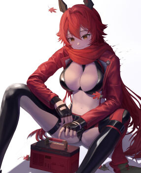 1girl absurdres antenna_hair anwindwe autumn_leaves belt between_breasts black_belt black_gloves black_jacket black_pants breasts cleavage closed_mouth clothing_cutout commentary cropped_jacket crotch_plate double-parted_bangs fingerless_gloves gloves goddess_of_victory:_nikke hair_between_eyes hair_flaps hair_intakes highres hip_vent horns jacket large_breasts leaf leather leather_jacket leather_pants leg_cutout long_hair long_sleeves m_legs mechanical_horns midriff navel open_clothes open_jacket pants radio red_hair red_hood_(nikke) red_jacket red_scarf revision scarf shadow sidelocks simple_background sitting smile solo spread_legs strap_between_breasts suspenders unzipped very_long_hair white_background yellow_eyes zipper