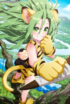 1girl animal animal_ears animal_hands animal_hug animal_print blush boomerang cat_ears cham_cham dress gloves green_eyes green_hair grin hair_between_eyes highres holding_boomerang light_particles long_hair looking_at_viewer monkey paku_paku paw_gloves paw_shoes river samurai_spirits shoes shoulder_blush sleeveless sleeveless_dress smile solo standing_on_branch tail tiger_print twitter_username yorozu