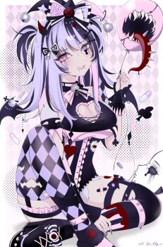 1girl absurdres asymmetrical_legwear balloon barbed_tongue bat_wings bell black_boots black_leotard black_streaks black_thighhighs boots breasts cleavage cleavage_cutout clothing_cutout commentary commission english_commentary face_piercing facial_mark fingernails hair_ornament hair_sprinkles hat heart_cutout heterochromia high_heel_boots high_heels highres holding holding_balloon indie_virtual_youtuber jester_cap jingle_bell knee_up labret_piercing large_breasts leotard lilya_(i_lily_u) long_hair long_tongue looking_at_viewer multicolored_hair multicolored_nails nail_polish neck_bell piercing pink_eyes pink_streaks print_thighhighs purple_eyes purple_hair purple_thighhighs sharp_teeth sitting smile solo spikes sprinkle_hershy sprinkles streaked_hair swept_bangs teeth thighhighs tongue two_side_up vgen_commission virtual_youtuber wings