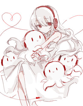 Rule 34 | 1girl, bare shoulders, cable, commentary request, doro c, dress, hair between eyes, hardcore syndrome, hardcore tano c, headphones, heart, highres, j-core, long hair, looking at viewer, red eyes, simple background, sitting, sketch, solo, stuffed toy, very long hair, white background, white dress, white hair, wusem0108