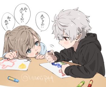 2boys aged_down black_hoodie blue_eyes blush brown_hair child closed_mouth crayon drawing_(object) grey_hair hair_between_eyes holding holding_crayon hood hoodie kanae_(nijisanji) kuzuha_(nijisanji) leaning_on_table looking_at_another male_focus medium_hair mole mole_under_eye motion_lines multiple_boys nijisanji open_mouth paper pointy_ears ponytail red_eyes short_hair simple_background sitting speech_bubble table talking translation_request twitter_username umapote virtual_youtuber white_background