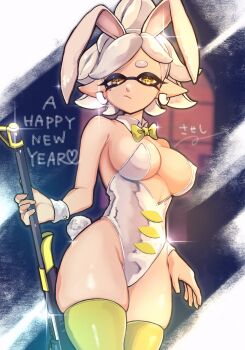 1girl alternate_costume bow bowtie chinese_zodiac covered_erect_nipples cowboy_shot detached_collar ear_piercing frown grey_hair holding holding_weapon inkling leotard looking_at_viewer marie_(splatoon) new_year nintendo piercing playboy_bunny pointy_ears rabbit_ears rabbit_tail solo splatoon_(series) ssbsn tentacle_hair thighhighs weapon year_of_the_rabbit yellow_eyes