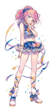 1girl aikatsu!_(series) aikatsu_stars! arm_behind_back armband blue_bow blue_eyes blue_ribbon blue_shirt blue_shoes blue_skirt bow closed_mouth drill_hair frilled_armband frilled_skirt frills full_body hairband high_heels layered_skirt leg_ribbon looking_at_viewer midriff miniskirt multicolored_ribbon navel orange_ribbon pink_lips purple_ribbon red_hair ribbon sakuraba_rola shirt shoes short_sleeves sidelocks simple_background skirt smile solo standing star_(symbol) sugi tachi-e white_background