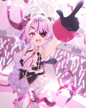 1girl :d ahoge armpits black_gloves blush confetti dress eyepatch frilled_dress frills gloves glowstick hand_on_own_hip heart heart_ahoge highres maria_marionette multicolored_hair nijisanji nijisanji_en nijisanji_idol_uniform open_mouth penlight_(glowstick) pink_eyes pink_hair pointing purple_hair sakamoto_momono side_ponytail smile solo stage streaked_hair thigh_strap tiara virtual_youtuber