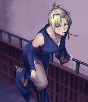 1girl autumn_leaves black_boots black_kimono blonde_hair blurry blurry_background boots breasts cleavage collarbone commentary detached_sleeves fishnet_thighhighs fishnets gintama hand_on_railing high_heel_boots high_heels japanese_clothes kimono kiseru kunai_hair_ornament leaf leaf_print looking_at_viewer maple_leaf_print medium_breasts print_kimono purple_eyes railing scar scar_on_face sidelocks smoking_pipe solo standing standing_on_one_leg stitched_face stitches thighhighs tsukuyo_(gintama) yoshino_(laencl)