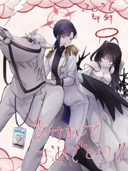 1boy 2026 2girls aiguillette akeome antenna_hair black_hair black_shirt black_wings blue_archive blush bodysuit breasts chinese_zodiac cleavage commentary_request detached_sleeves dress gloves halo happy_new_year highres horse_mask ichika_(blue_archive) ichika_(suit)_(blue_archive) jacket komena_(shinyday312) lanyard large_breasts mask melting_halo multiple_girls new_year official_alternate_costume pants red_halo riding_person sensei_(blue_archive) shirt sweatdrop translation_request tsurugi_(blue_archive) tsurugi_(dress)_(blue_archive) white_bodysuit white_dress white_gloves white_jacket white_pants wings year_of_the_horse