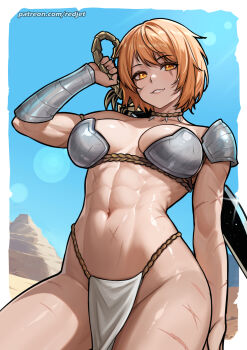 1girl abs armor bikini_armor blonde_hair breasts cross_scar halloween highres holding holding_sword holding_weapon large_breasts looking_at_viewer muscular muscular_female navel orange_eyes original patreon_username pelvic_curtain redjet scar scar_on_arm short_hair shoulder_armor sky smile solo stomach sword thighs weapon