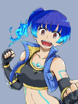 1girl blue_hair breasts brown_eyes crop_top cropped_jacket dark-skinned_female dark_skin elbow_gloves fingerless_gloves gloves looking_at_viewer nemimin sena_(xenoblade) side_ponytail sleeveless tattoo teeth xenoblade_chronicles_(series) xenoblade_chronicles_3