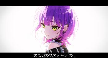 1girl absurdres bare_shoulders black_border border ear_piercing green_eyes highres hololive piercing purple_eyes short_hair simple_background solo star-ring tokoyami_towa upper_body virtual_youtuber white_background