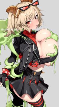 1girl arms_behind_back blonde_hair blush breasts burnice_white commentary_request eyewear_on_head grey_background highres huge_breasts looking_at_viewer open_mouth red_eyes restrained shigatsu_shizuki short_hair simple_background solo sunglasses tentacles twintails twitter_username zenless_zone_zero