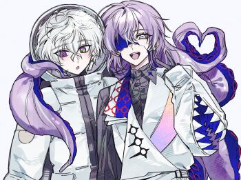 2boys :d :o antenna_hair belt black_gloves black_shirt blue_hair collared_shirt cracked_skin crossed_bangs earrings gloves green_eyes grey_eyes hair_between_eyes hanafuda_earrings hand_up helmet heterochromia hollow_body hoshirube_sho hoshirube_sho_(1st_costume) jacket jewelry lapels long_hair long_sleeves looking_at_viewer male_focus multicolored_hair multiple_boys mummeo_p murakumo_kagetsu nijisanji open_mouth puffy_long_sleeves puffy_sleeves purple_eyes purple_hair shirt short_hair simple_background single_earring single_sleeve smile space_helmet spacesuit streaked_hair suction_cups teeth tentacle_hair tentacles upper_body upper_teeth_only v virtual_youtuber white_background white_belt white_jacket wing_collar