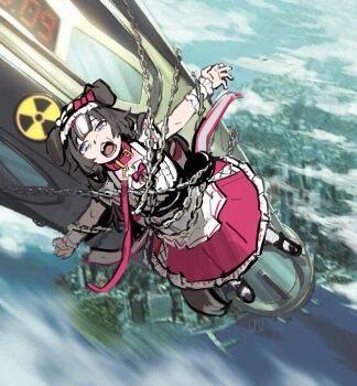 1girl animal_ears black_hair black_shoes blue_eyes bow denied_art dog_ears dog_girl fang frilled_hairband frills full_body hairband highres meme multicolored_hair open_mouth red_bow shoes short_sleeves socks solo virtual_youtuber white_hair white_socks wolverine_nuke_(meme) wrist_cuffs