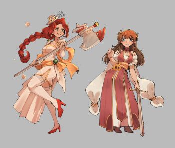 2girls alternate_costume braid braided_ponytail breasts bride brown_hair charmwitch dress fire_emblem fire_emblem:_path_of_radiance fire_emblem:_radiant_dawn fire_emblem_heroes garter_straps green_eyes high_heels highres medium_breasts mist_(fire_emblem) multiple_girls nintendo red_hair thighhighs thighs titania_(fire_emblem) wedding_dress white_thighhighs
