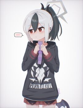 Rule 34 | 1girl, absurdres, artist name, averting eyes, black hair, black hoodie, black horns, blue archive, blush, bright pupils, clothes writing, commentary, condom, condom packet strip, condom wrapper, cowboy shot, demon girl, demon horns, demon wings, double-parted bangs, ear piercing, grey hair, grey halo, hair between eyes, halo, hands up, highres, holding, holding condom, hood, hood down, hoodie, horns, kayoko (blue archive), long hair, long sleeves, looking to the side, low wings, mensiah, miniskirt, multicolored hair, parted lips, piercing, plaid clothes, plaid skirt, pleated skirt, ponytail, presenting, red eyes, red skirt, school uniform, sidelocks, simple background, single wing, skirt, solo, speech bubble, spoken blush, two-tone hair, white background, white pupils, wings