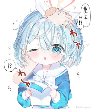 !? 1girl absurdres amanatsu_uni arona_(blue_archive) blue_archive blue_eyes blue_hair commentary_request disembodied_hand hairband halo headpat heart heart_halo highres long_sleeves one_eye_closed red_halo sailor_collar skirt solo_focus white_background white_sailor_collar white_skirt