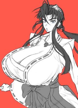 1girl breasts cleavage commentary_request cropped_legs goggles goggles_on_head highres huge_breasts japanese_clothes long_hair magatama miko monochrome red_background standing taisen_hot_gimmick togashi_koyori tsukasa_jun