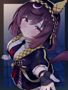 1girl amenu_415 animal_ears asymmetrical_gloves black_gloves black_jacket black_necktie black_skirt blush breasts brown_hair buena_vista_(heroina_inocente)_(umamusume) buena_vista_(umamusume) checkered_hairband closed_mouth ear_covers fingerless_gloves gloves hair_between_eyes hairband headband highres horse_ears horse_girl horse_tail jacket large_breasts looking_at_viewer medium_hair mismatched_gloves necktie purple_eyes shirt skirt smile solo tail umamusume white_gloves white_shirt