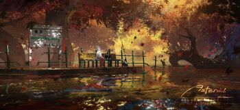 Rule 34 | 1girl, asteroid ill, autumn, autumn leaves, commentary request, dappled sunlight, day, falling leaves, forest, highres, japanese clothes, leaf, miko, nature, on bench, original, outdoors, reflection, reflective liquid, river, ruins, scenery, simple background, solo, sunlight, tree, very wide shot, warm colored, water, watermark