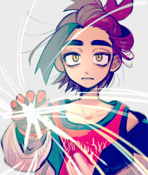 Rule 34 | 1boy, absurdres, blank stare, expressionless, gloves, highres, holding, holding poke ball, jacket, kieran (pokemon), looking at viewer, loose hair strand, male focus, mole, mole on neck, nintendo, partially fingerless gloves, poke ball, pokemon, pokemon sv, ponytail, red gloves, red tank top, solo, tank top, terastallization, thick eyebrows, tisanntisyou, white jacket, wind, wind lift, yellow eyes