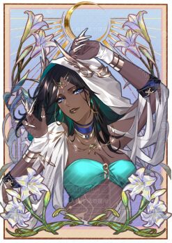 arm_up black_hair blue_eyes breasts choker cleavage dark-skinned_female dark_skin fake_claws hand_up hg6300605671947 highres hood jewelry light_smile parted_lips path_to_nowhere stargazer_(path_to_nowhere) upper_body