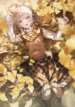 1girl :o absurdres arm_up autumn autumn_leaves black_bow black_socks blonde_hair blush bow brown_eyes brown_hair brown_skirt brown_sweater_vest commentary_request dappled_sunlight feet_out_of_frame frilled_shirt_collar frilled_skirt frills hair_bow highres holding holding_leaf kneehighs leaf long_hair long_sleeves looking_up lying medium_skirt on_back on_ground one_side_up open_mouth orange_scarf original plaid_clothes plaid_scarf plaid_skirt sakura_(39ra) scarf shirt sidelocks skirt socks solo sunlight sweater sweater_vest white_shirt