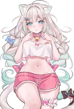 1girl @_@ absurdres ahoge animal_ear_fluff animal_ears areola_slip bandaid bandaids_on_nipples bell black_bow blue_bow blue_eyes blush bow braid breasts cat_ears cat_girl cat_tail clenched_hands closed_mouth collar commentary cowboy_shot crop_top cropped_shirt dolphin_shorts fang frilled_thigh_strap glands_of_montgomery gradient_hair grey_hair hair_bow hair_ornament hairclip hands_up highres indie_virtual_youtuber jingle_bell long_hair looking_at_viewer mint_fantome mint_fantome_(otaku) multicolored_hair navel neck_bell official_alternate_costume parted_bangs pasties pink_bow pink_collar pink_shorts rosheil shirt short_shorts shorts simple_background skin_fang small_breasts solo stomach tail tail_bow tail_ornament tearing_up thigh_strap twin_braids virtual_youtuber white_background white_shirt x_hair_ornament