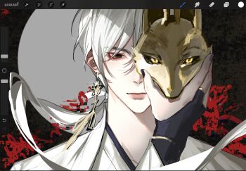 Rule 34 | 1boy, art program in frame, earrings, flower, fox mask, fox mask (silent hill), highres, jewelry, low ponytail, mask, mitunayonju, ponytail, removing mask, robe, silent hill (series), silent hill f, single earring, solo, spider lily, tassel, tassel earrings, white hair, white robe