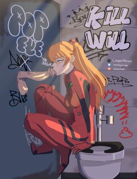1boy 1girl :&gt;= absurdres arm_support artist_request blue_eyes blush bodysuit breasts brown_hair erection fellatio full_body glory_hole graffiti hetero highres impossible_bodysuit impossible_clothes indoors long_hair looking_at_viewer looking_back mecha_pilot_suit medium_breasts neon_genesis_evangelion open_mouth oral penis plugsuit_(evangelion) public_restroom red_bodysuit skin_tight souryuu_asuka_langley testicles veins veiny_penis wide_hips