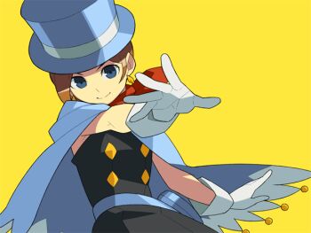 1girl ace_attorney anime_coloring apollo_justice:_ace_attorney aqua_bag aqua_belt aqua_cape aqua_hat archived_source belt belt_bag black_dress blue_eyes brown_hair buttons capcom cape closed_mouth diamond-shaped_earrings diamond_button dress earrings gloves hat head_tilt itsumo_nokoru jewelry looking_at_viewer neckerchief open_hands red_neckerchief short_hair simple_background smile solo split_mouth strapless strapless_dress top_hat trucy_wright white_gloves yellow_background