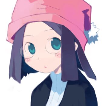 1girl :o aqua_eyes archived_source asami_natsuhito black_hair black_jacket blunt_ends blush dot_nose glasses harada_takehito_(style) hat jacket looking_to_the_side lowres no_lineart no_pants no_sclera open_mouth original pince-nez pink_hat pom_pom_(clothes) pom_pom_hat_ornament ribbed_sweater round_eyewear school_uniform serafuku short_hair simple_background solo sweater turtleneck upper_body white_background white_serafuku