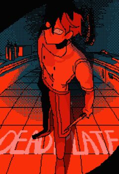 1boy 9aaaalt29 constricted_pupils copyright_name dead_plate highres holding holding_knife knife limited_palette male_focus no_mouth pants pixel_art red_theme shirt shoes short_hair solo standing tile_floor tiles vincent_charbonneau