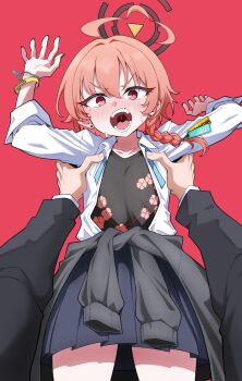 1boy 1girl ahoge armpit_carry arms_up black_skirt blue_archive blush braid clothes_around_waist commentary_request cowboy_shot danut halo highres jacket jacket_around_waist korean_commentary miniskirt mole mole_under_each_eye mole_under_eye multiple_moles neru_(blue_archive) neru_(school_uniform)_(blue_archive) official_alternate_costume open_clothes open_mouth open_shirt pov pov_hands red_background red_eyes red_hair school_uniform shirt short_hair simple_background single_braid skirt solo_focus sweatdrop teeth tongue undershirt uvula v-shaped_eyebrows white_shirt