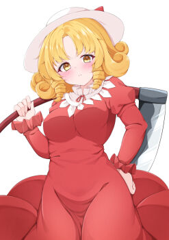 1girl blonde_hair blush breasts closed_mouth commentary cowboy_shot drill_hair drill_sidelocks elly_(touhou) hat holding holding_scythe juliet_sleeves long_sleeves looking_at_viewer medium_breasts neck_ribbon parted_bangs puffy_sleeves red_ribbon ribbon rururiaru scythe short_hair sidelocks simple_background solo touhou touhou_(pc-98) white_background white_hat yellow_eyes
