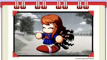 1girl amezaki_chihaya artist_request blue_sailor_collar blue_shirt blue_skirt brown_hair brown_shoes closed_eyes commentary_request copyright_notice extra_eyes jikkyou_powerful_pro_yakyuu jikkyou_powerful_pro_yakyuu_(style) long_hair monster_girl multicolored_shoes neckerchief no_mouth official_art power_pro_appli power_pro_kun_pocket power_pro_kun_pocket_13 rayman_limbs red_eyes red_neckerchief sailor_collar school_uniform shirt shoes skirt smile solo two-tone_shoes white_shoes