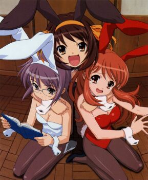Rule 34 | 3girls, animal ears, arms around another's neck, asahina mikuru, black shoes, book, breasts, brown hair, cleavage, detached collar, detached sleeves, embarrassed, fake animal ears, glasses, high heels, highres, ikeda shouko, legs, looking at viewer, multiple girls, nagato yuki, official art, open mouth, orange hair, pantyhose, playboy bunny, purple hair, reading, shoes, suzumiya haruhi, suzumiya haruhi no yuuutsu, tears, white shoes