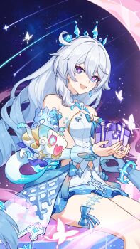 Rule 34 | 1girl, absurdres, ahoge, blue eyes, box, breasts, chinese commentary, clothing cutout, commentary request, dress, gift, gift box, highres, holding, holding gift, honkai (series), honkai impact 3rd, kiana kaslana, kiana kaslana (ba-dum! fiery wishing star), kiana kaslana (wintery wishes), long hair, medium breasts, navel, navel cutout, official alternate costume, official art, rice cake (honkai impact), shooting star, sky, smile, snake, star (sky), starry sky, thighs, tiara, very long hair, white dress, white hair