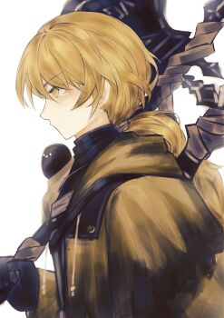 Rule 34 | 1boy, a certain sinclair (project moon), animal, animal on shoulder, arm at side, bandaged weapon, bird, bird on shoulder, black gloves, black shirt, blonde hair, choppy bangs, claymore (sword), coat, drawstring, expressionless, from side, gloves, halberd, hand up, hashtag-only commentary, higashiaoi 7, highres, holding, holding polearm, holding weapon, hood, hood down, hooded coat, limbus company, long hair, long sleeves, looking to the side, low ponytail, male focus, no mouth, over shoulder, polearm, ponytail, profile, project moon, shirt, sinclair (project moon), solo, weapon, weapon over shoulder, yellow coat, yellow eyes, yellow hood, yellow sleeves